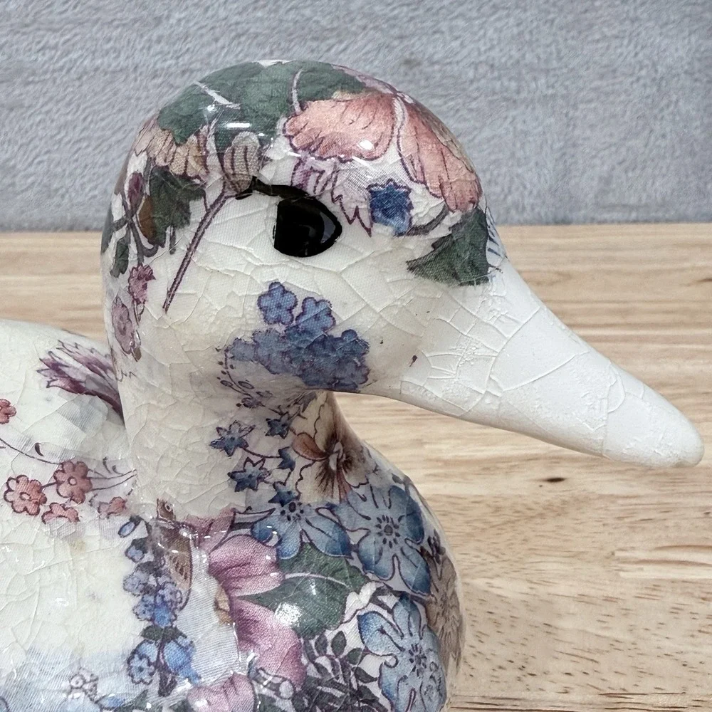 Vintage Floral Chintz Duck Figurine Decoupage Mallard Decoy Blue Pink Botanical